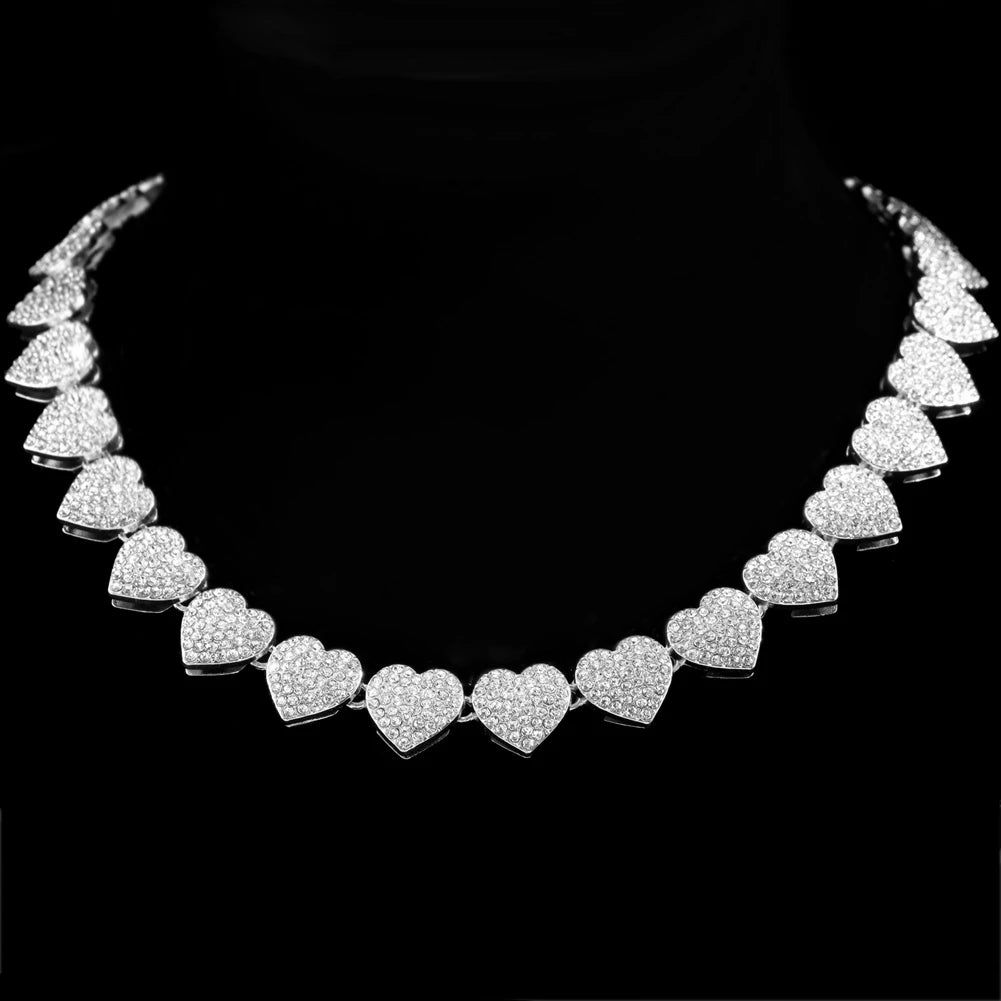 Bling Luxury Paved Crystal Heart Cuban Link Chain Necklace for Women Hip Hop Iced Out Round Square Tennis Chain Choker Jewelry-Dollar Bargains Online Shopping Australia