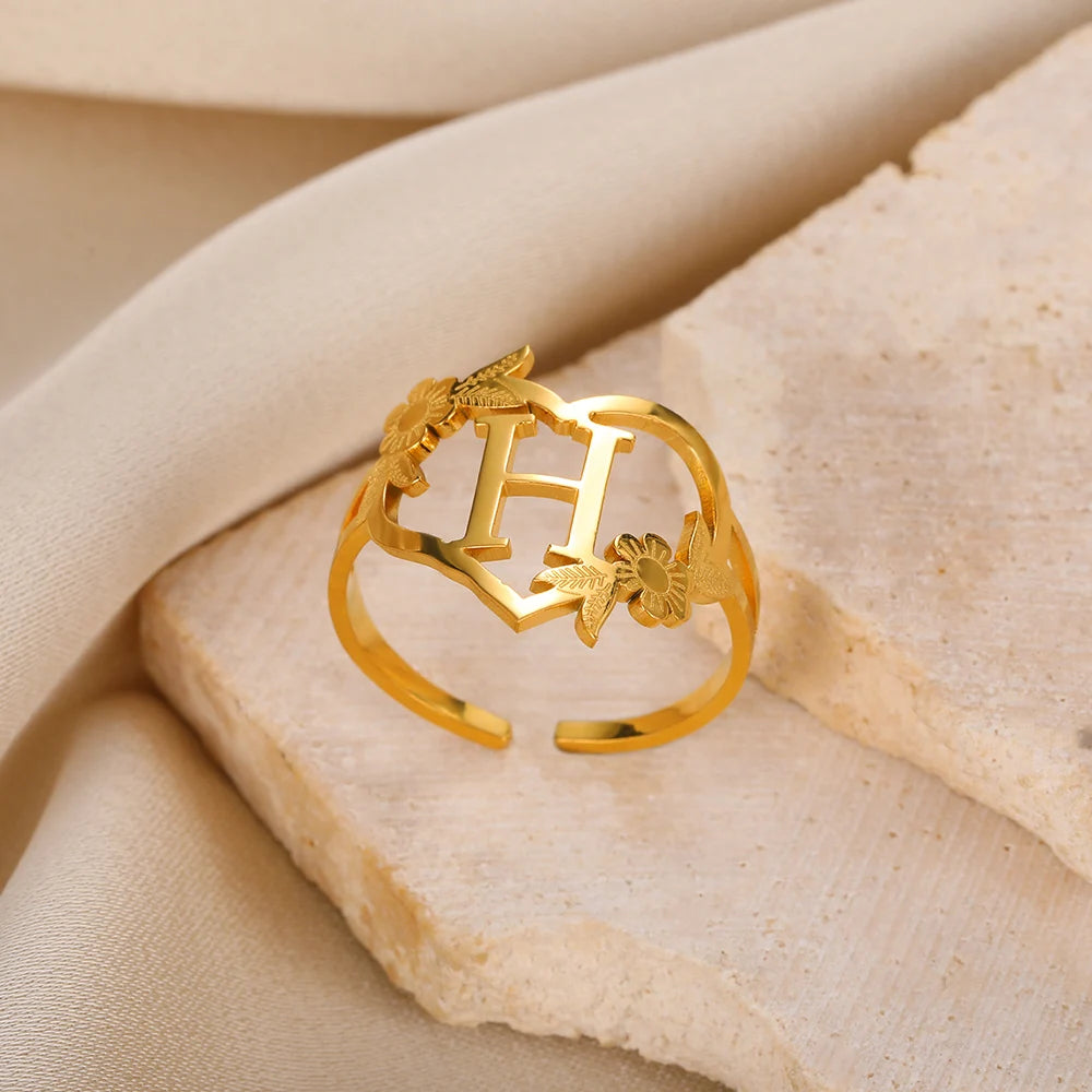 Stainless Steel Initials Flower Heart Rings Gold Color Adjustable Delicate Letter Leaf Rings For Women Girl Alphabet Jewelry-Dollar Bargains Online Shopping Australia