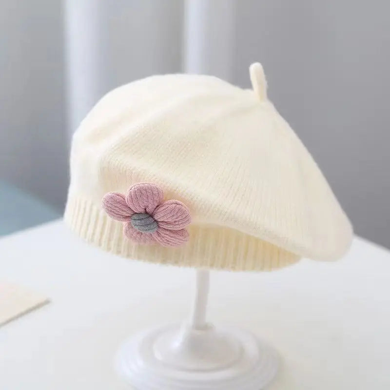 Flower Baby Beret Hat Solid Color Winter Warm Knitted Beanie Cap For Infant Girl Korean Toddler Princess Artist Painter Cap-Dollar Bargains Online Shopping Australia