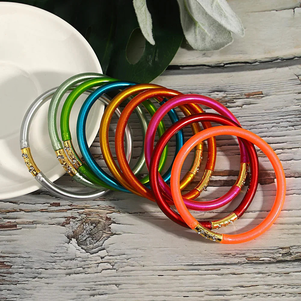 Inlaid Rhinestone Metal Buckle Silicone Bracelet for Women Buddhist Rush Temple Glitter Filled Jelly Lightweight Bangles-Dollar Bargains Online Shopping Australia