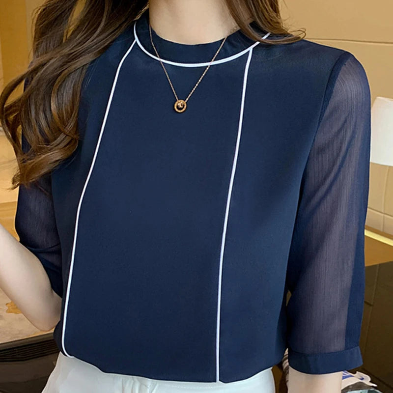 O-Neck Blue Chiffon Blouse Shirt Tops Women Short Sleeve Blouse Women-Dollar Bargains Online Shopping Australia