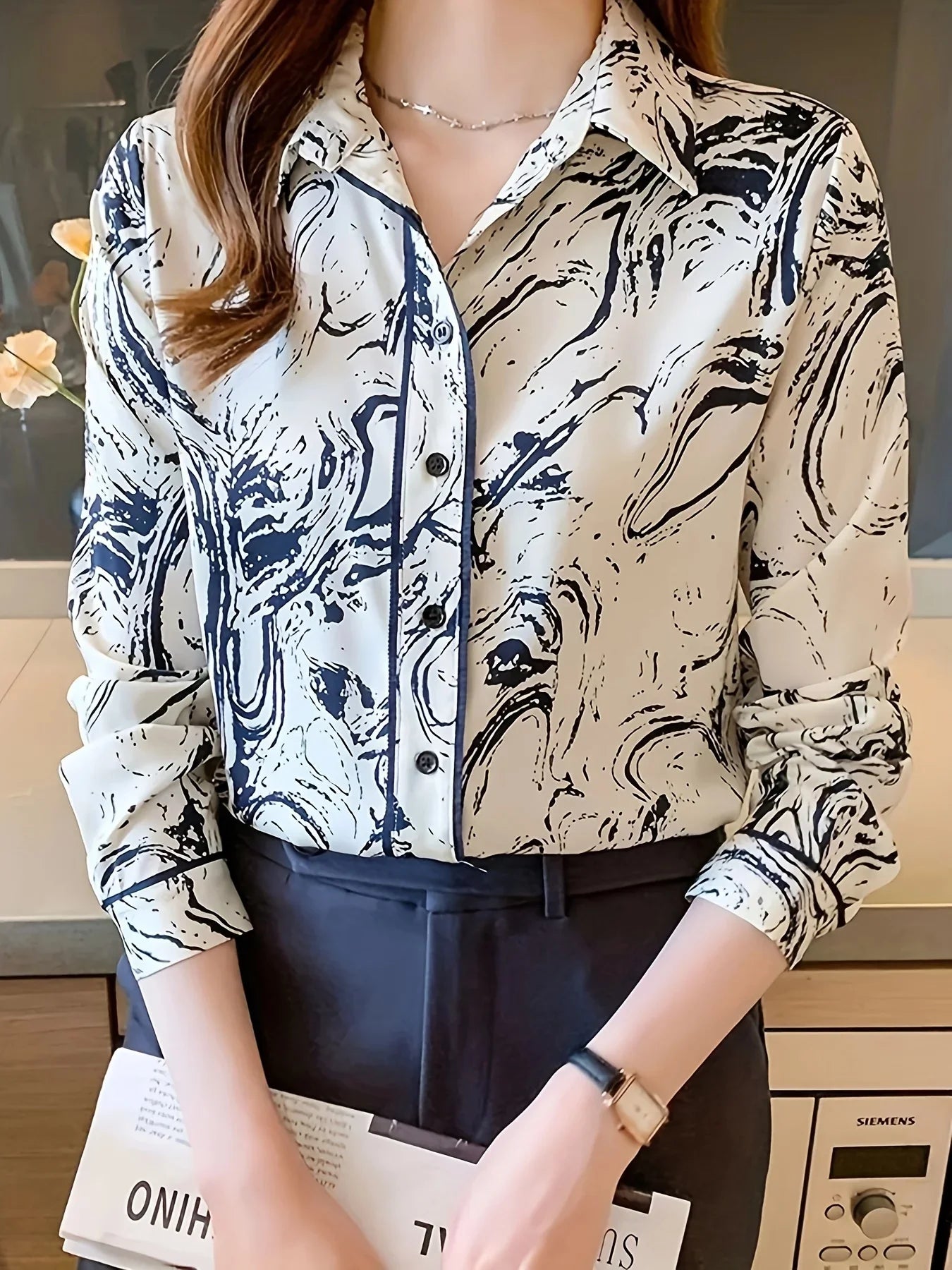 Fashion flower print shirts Women's Blouses Long Sleeve Button-Down Tops