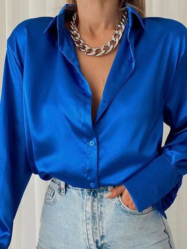 Autumn Shirt Women's Polo Collar Office Lady blouse Vintage Blue Green Shirt Loose Button Up Down Shirts Black Fashion Tops-Dollar Bargains Online Shopping Australia