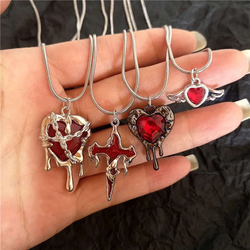 Vintage Y2k Red Love Heart Cross Pendant Snake Chain Necklace For Women Men Halloween Aesthetic Gothic Rave Jewelry Accessories-Dollar Bargains Online Shopping Australia