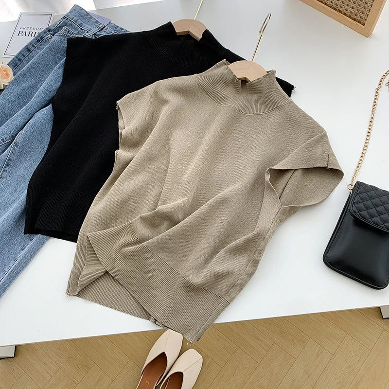 Fashion Vest Shirt Solid Stand-up Collar Knitted Sweater Short Sleeve Office Lady Loose Elegant All-Match Straight Tops 20397-Dollar Bargains Online Shopping Australia