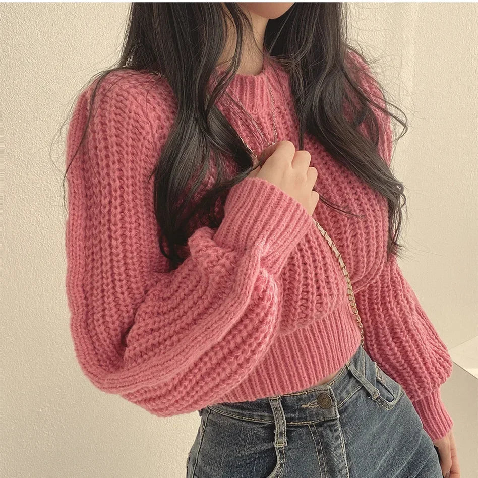 Knitted Sweater Pullovers New Design Cute Sweet Japan Girls Solid O Neck Short Crop Knit Tops 4 Colors 2023 Winter Autumn-Dollar Bargains Online Shopping Australia