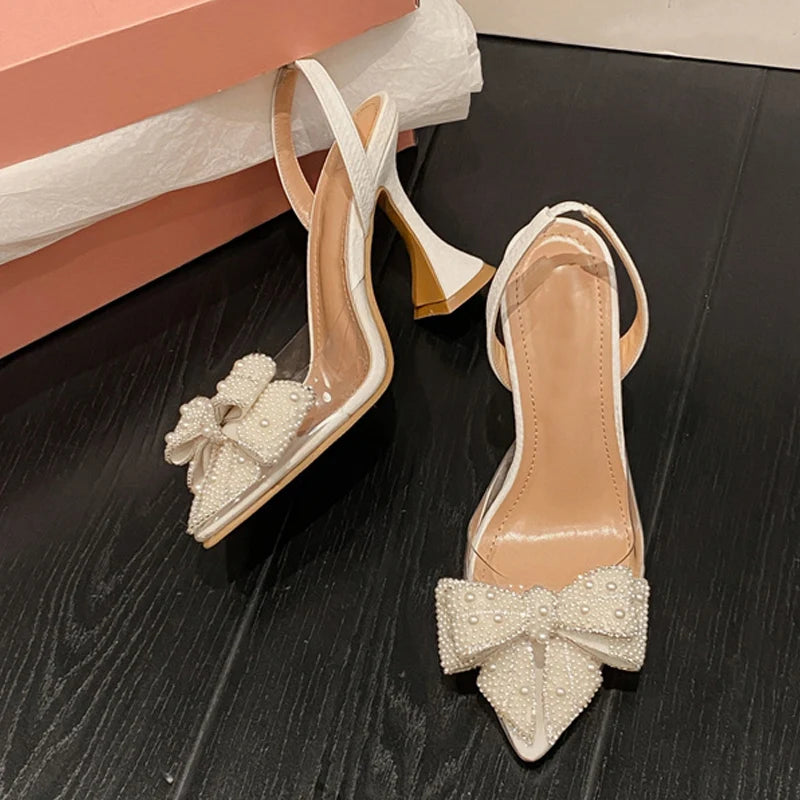 White Pearl Bowknot Women Pumps Sexy Pointed Toe High Heels Wedding Prom Shoe PVC Transparent Sandal Female-Dollar Bargains Online Shopping Australia