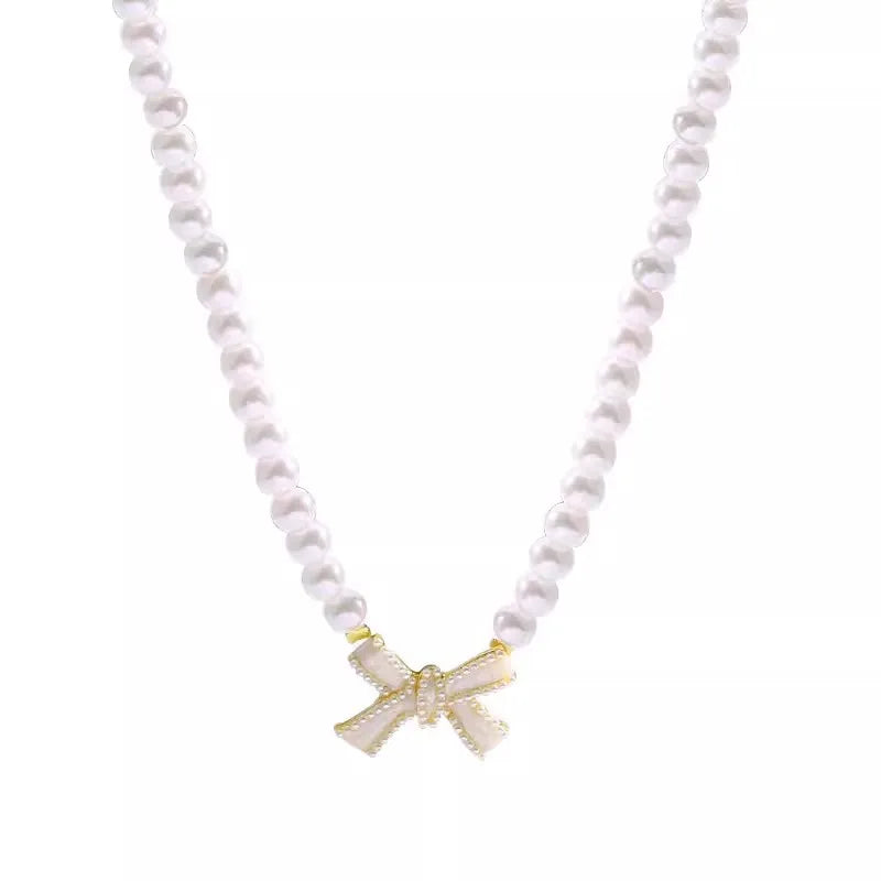 Wedding Party Pearl Bow Pendant Choker Necklace For Women Elegant White Imitation Pearl Chain-Dollar Bargains Online Shopping Australia