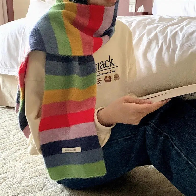Rainbow Stripes Mohair Scarf Men And Women In Winter Colour Blocking Stripes Wool Short Scarf Students Warm Short Scarf