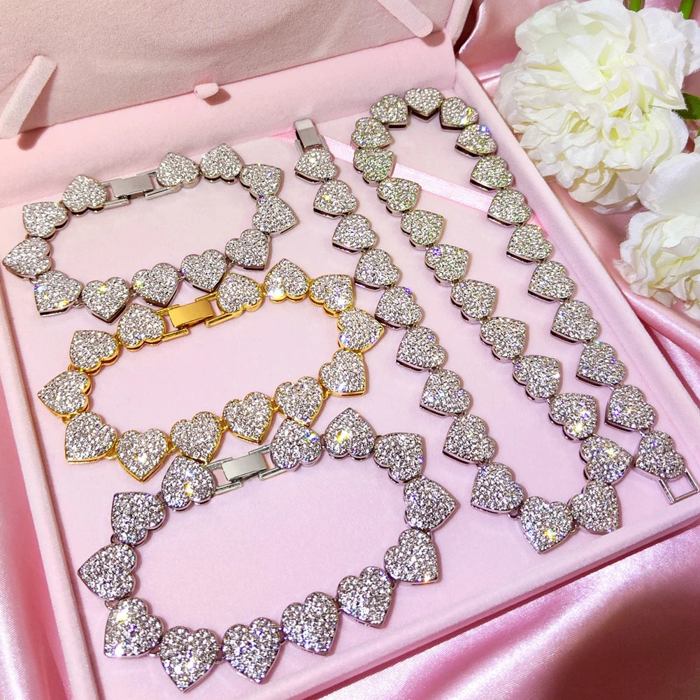 Bling Luxury Paved Crystal Heart Cuban Link Chain Necklace for Women Hip Hop Iced Out Round Square Tennis Chain Choker Jewelry-Dollar Bargains Online Shopping Australia