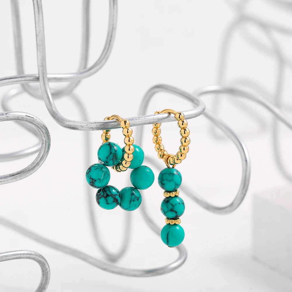 Bohemian Handmade Natural Stone Beads Hoop Earrings for Women Golden Color Stainless Steel Circle-Dollar Bargains Online Shopping Australia