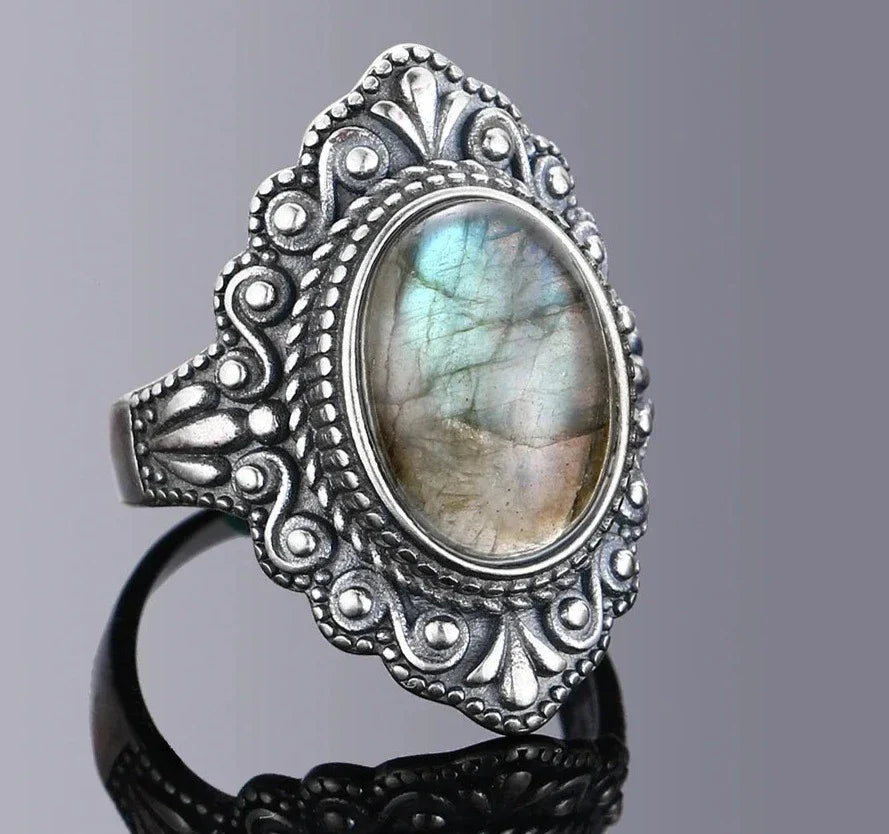 Oval Natural Labradorite Rings Women Men 925 Sterling Silver Ring Finger Ring Retro Gemstone Rings Jewelry Party Gift