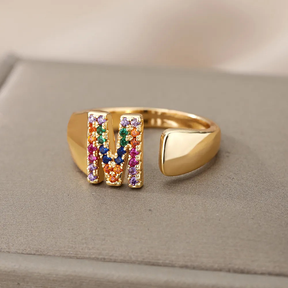 Rainbow Zircon Letter Rings For Women Fashion Chunky Wide Letter A-Z Stainless Steel Ring Wedding Boho-Dollar Bargains Online Shopping Australia