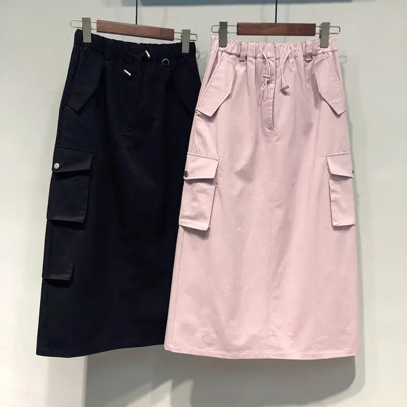 Cargo Skirts for Women Y2k Long Skirts Elastic Waist Spring Summer Drawstring Girls Full Length Skirt