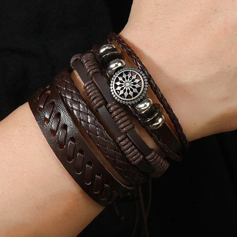 Trendy Compass Man Leather Bracelets set Black Hand Woven Bracelet for Men 4pcs/set DIY Male Jewelry Gift New Pulsera Hombre-Dollar Bargains Online Shopping Australia