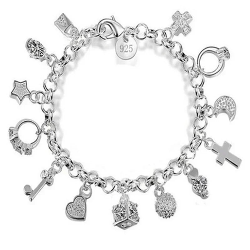 Sterling Silver Fashion 13pcs Pendant Chain Charm Bracelet for Women for Teen Girls Lady Gift Women Fine Jewelry