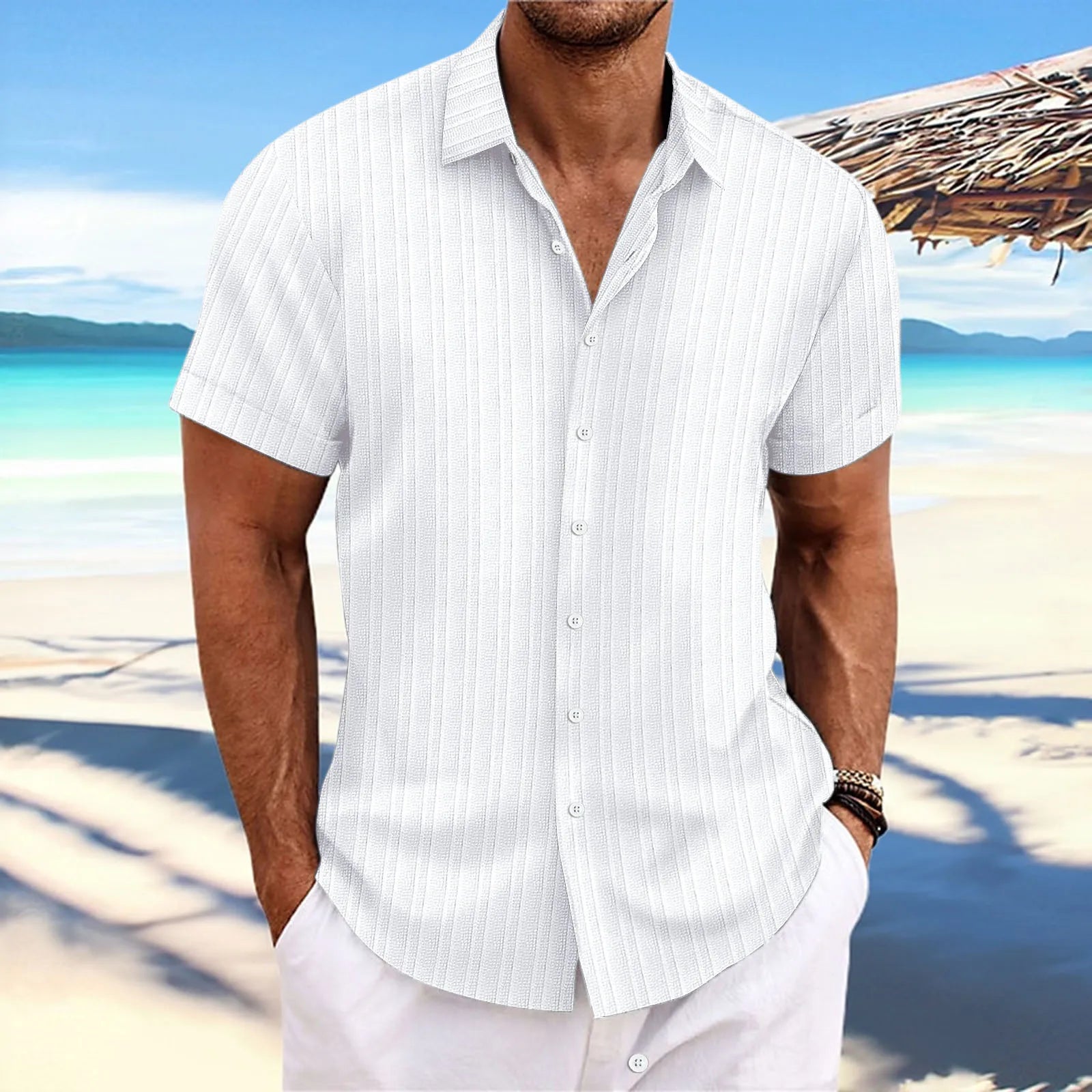 men's striped jacquard casual fashion comfortable loose short sleeve Hawaiian shirt-Dollar Bargains Online Shopping Australia