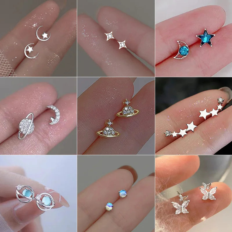 Planet Earrings Silver Color Piercing for Women Moon Star Crystal Zircon Ear Stud Earrings Tragus Cartilage Body Jewelry-Dollar Bargains Online Shopping Australia