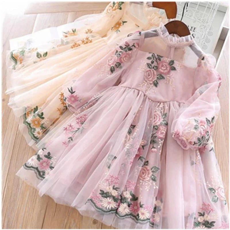 Little Girls Autumn Full Sleeves Dress for Children Party Kids Casual Dress Pink Floral Embroidery Dresses Princess Wear-Dollar Bargains Online Shopping Australia