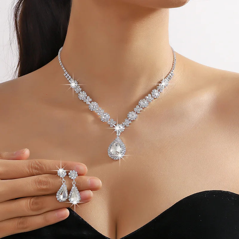 2pcs/set Jewelry Sets Women Elegant Waterdrop Rhinestone Pendant Necklace stud Earrings Wedding Dress Bridal Jewelry Set-Dollar Bargains Online Shopping Australia