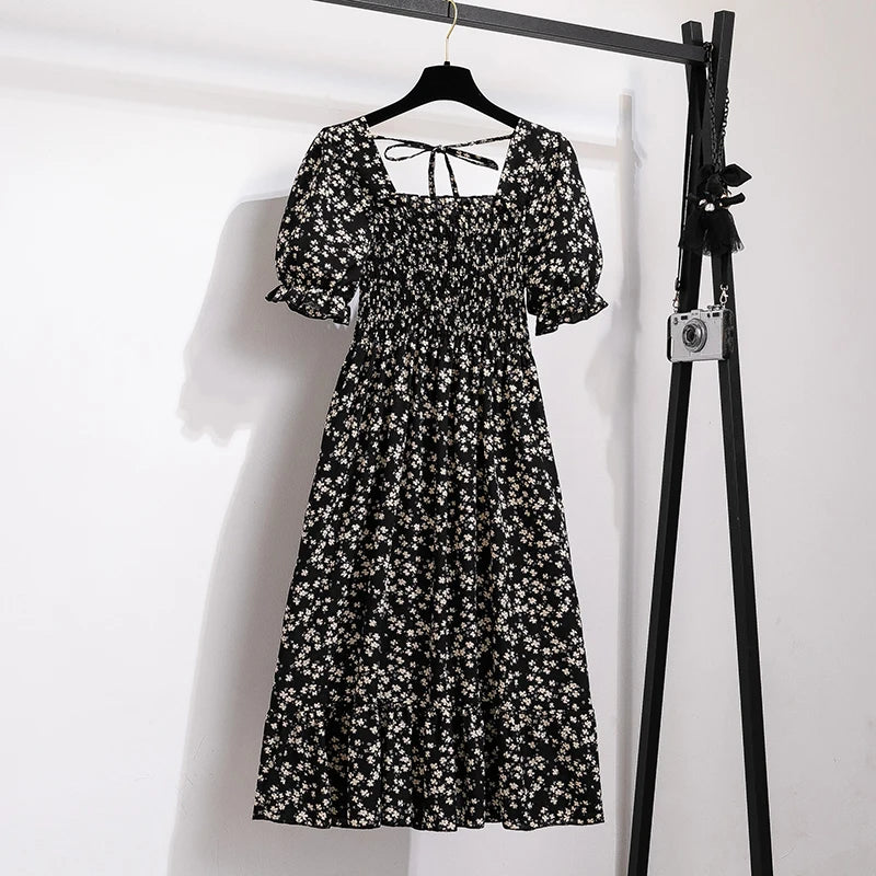 Chiffon Dresses Fashion Female Elastic Waist Short Sleeve Pleated Casual Dress Women A-line Dresses-Dollar Bargains Online Shopping Australia
