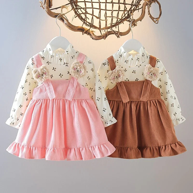 Kid Girl Long Sleeve Dress Floral Lovely Bear Corduroy Strap Style Dress Fashion Cute Photograph Outfit for Child Girl 1-6 Years-Dollar Bargains Online Shopping Australia