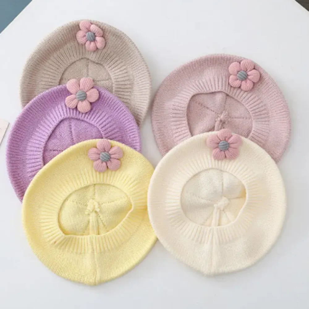 Flower Baby Beret Hat Solid Color Winter Warm Knitted Beanie Cap For Infant Girl Korean Toddler Princess Artist Painter Cap-Dollar Bargains Online Shopping Australia