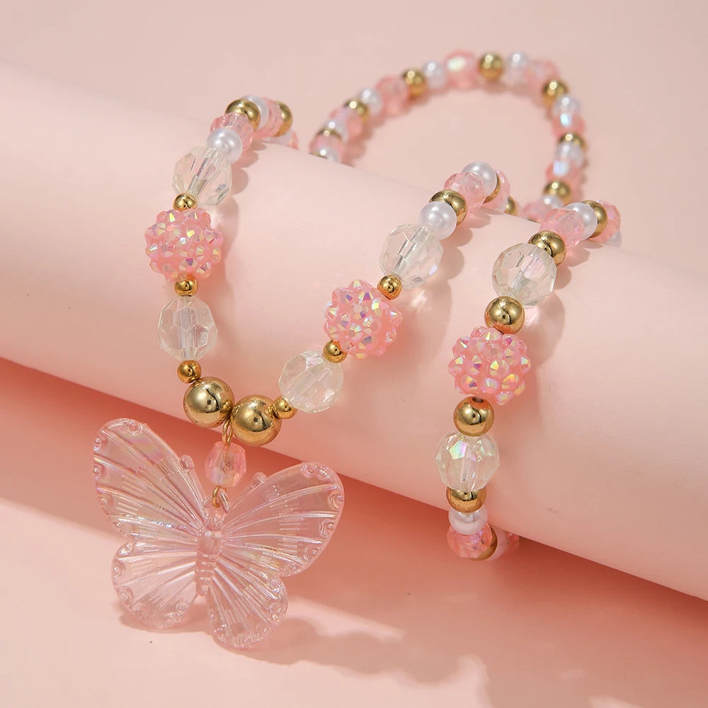 2Pcs/set Pink Butterfly Charm Necklace Bracelet Princess Girl Jewelry Set for Daughter Niece Children Best Party Birthday Gifts-Dollar Bargains Online Shopping Australia