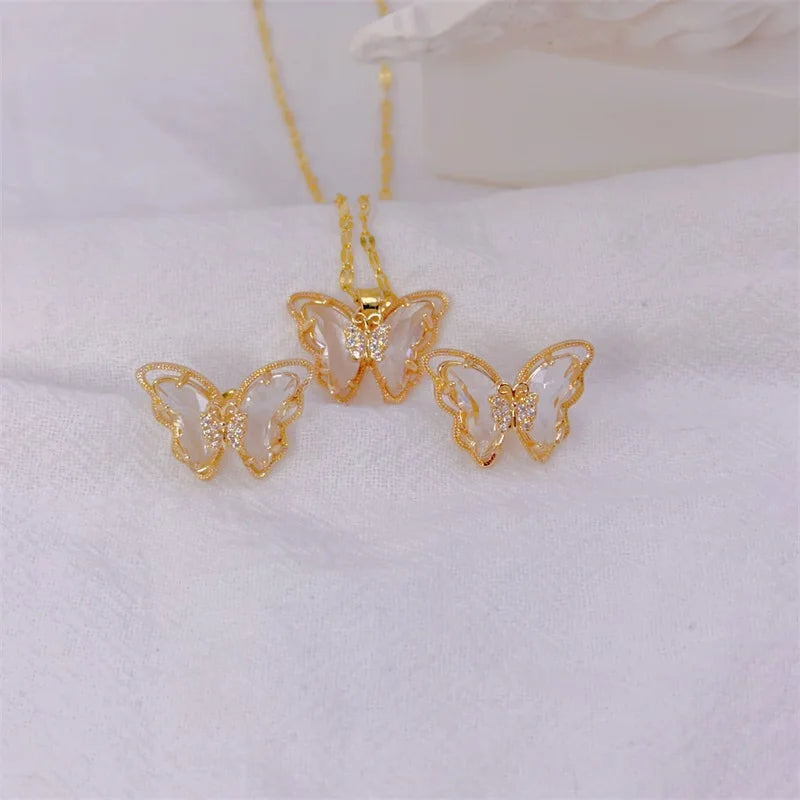 Micro-inlaid Butterfly Necklace Earrings Set Classic Light Luxury Transparent Stainless Steel-Dollar Bargains Online Shopping Australia