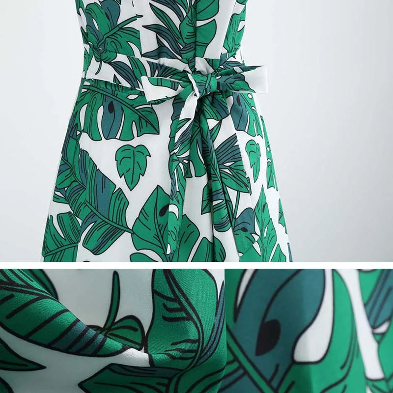 Women Summer Dress Sleeveless Green Leaf Print Midi Dress O Neck Retro Vintage Party Robe-Dollar Bargains Online Shopping Australia