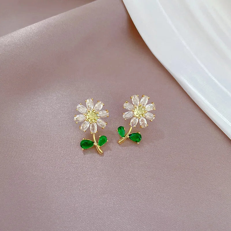 Classic Green Leaf Flower Necklace and Earrings Set Light Luxury Sunflower Personalized Banquet Stainless Steel Jewelry-Dollar Bargains Online Shopping Australia