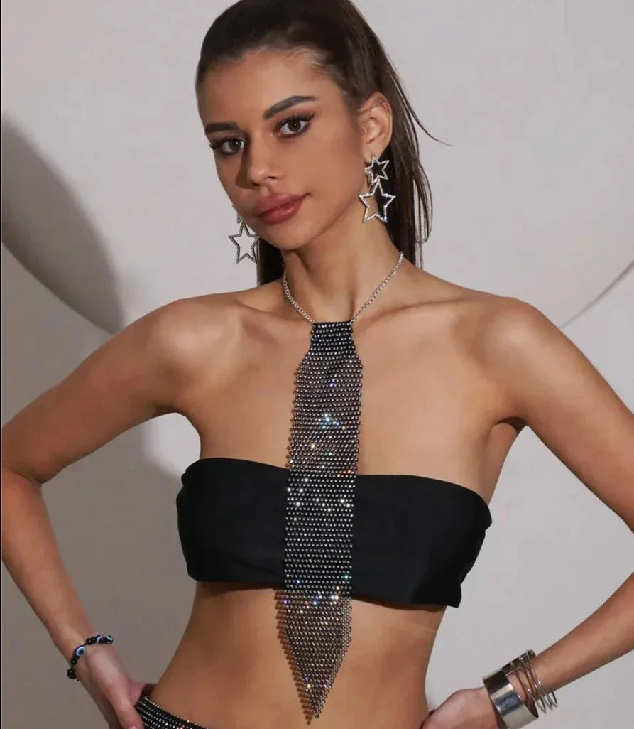 Shiny Rhinestone Fishnet Tie For Women Fashion Luxury Diamond Wedding Banquet Feast Club Party Necklace Jewelry Accessories-Dollar Bargains Online Shopping Australia