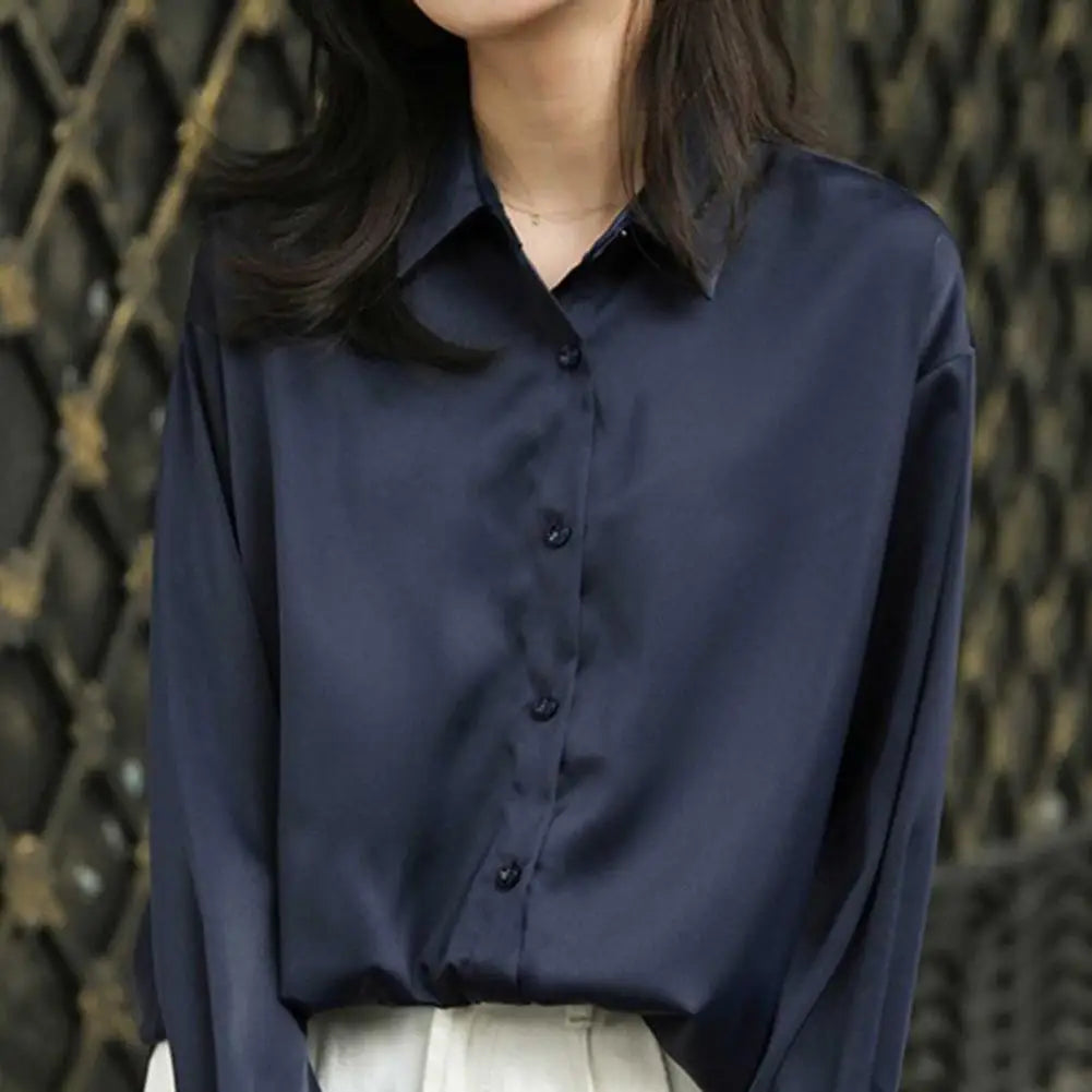 Women Shirt Formal Business Blouse Shirt Vintage Satin Silky Loose Long Sleeve Lapel-Dollar Bargains Online Shopping Australia