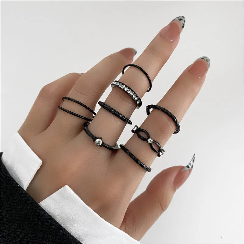 Punk Snake Black Rings Set For Women Vintage Geometric Metal Cross Rings Set
