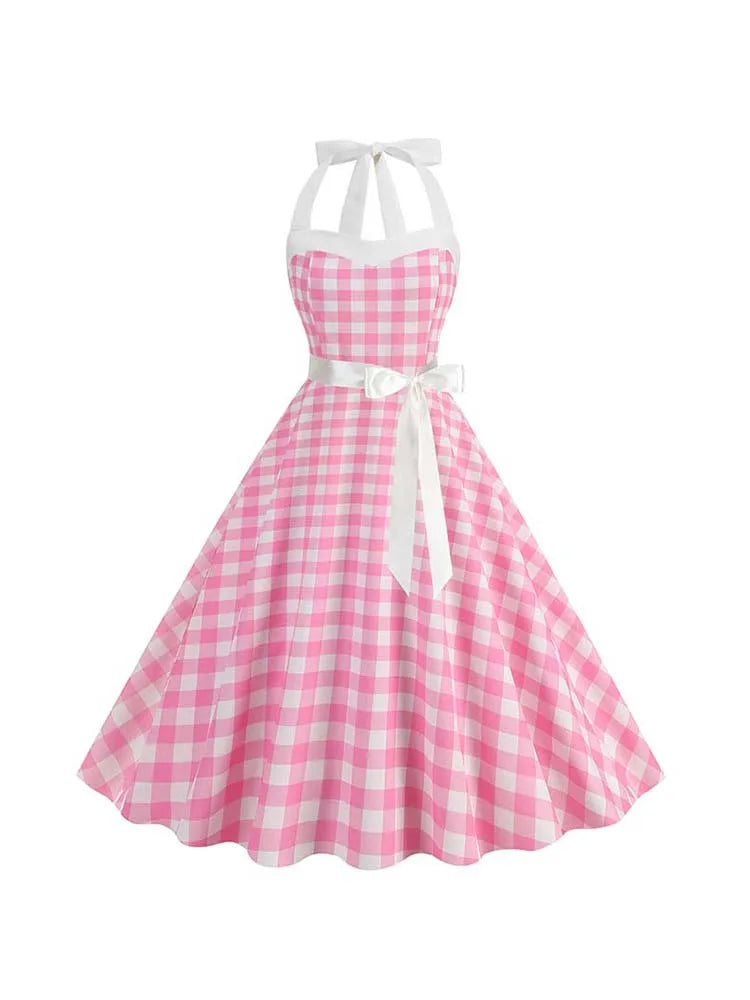 Vintage 50s 60s Women Summer Party Dress With Belt Pink Plaid Print Halter Hepburn Robe Rockabilly Dresses-Dollar Bargains Online Shopping Australia
