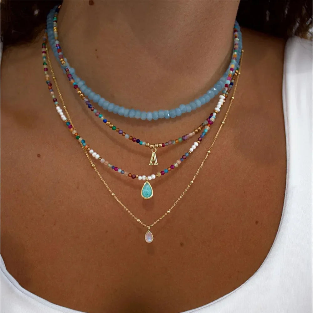 Multilayer Boho Colorful Bead Chain Necklace For Women Female Crystal Water Drop Metal Letter Pendant Jewelry Gift-Dollar Bargains Online Shopping Australia