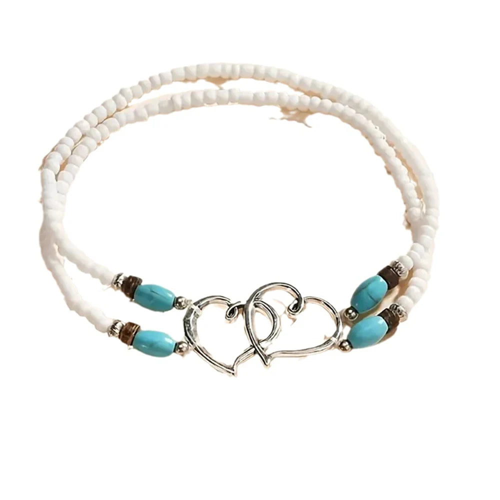 Vintage Layer Beaded Hollow Double Heart Anklet for Women Female Bohemia Resin Beads Chain Silver Color Beach Ankle Foot Jewelry-Dollar Bargains Online Shopping Australia
