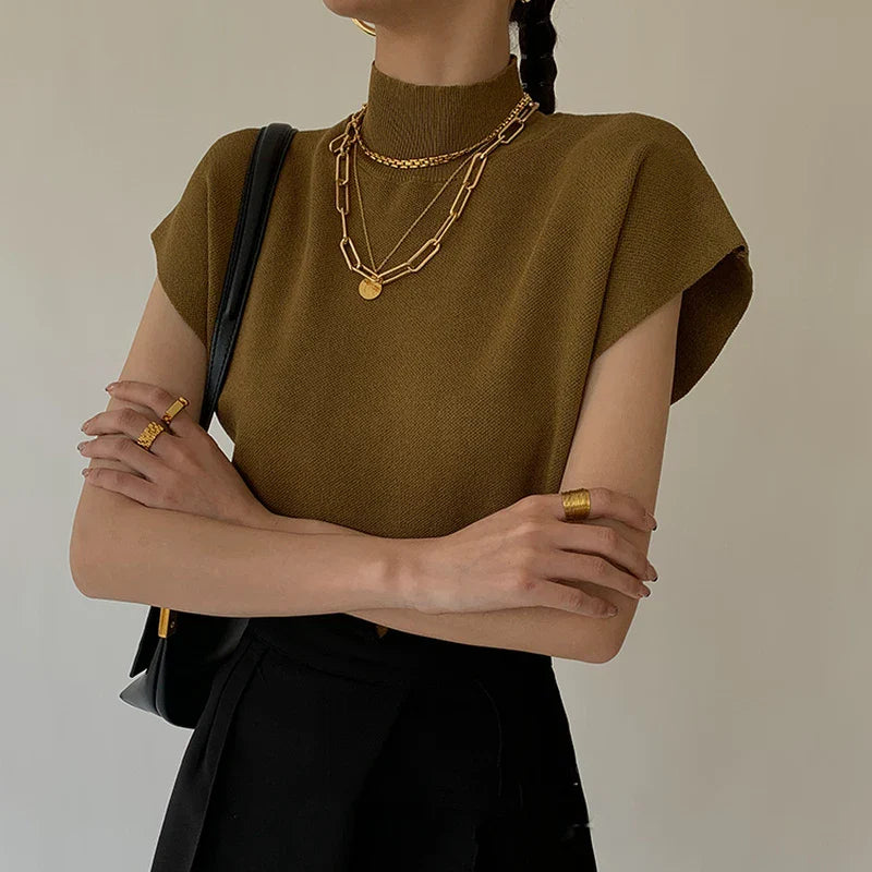 Fashion Vest Shirt Solid Stand-up Collar Knitted Sweater Short Sleeve Office Lady Loose Elegant All-Match Straight Tops 20397-Dollar Bargains Online Shopping Australia