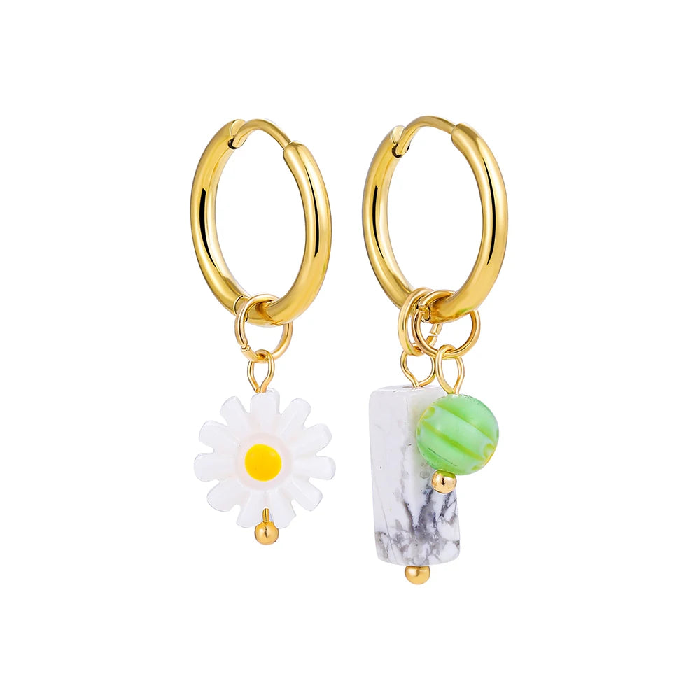 Bohemian Handmade Natural Stone Beads Hoop Earrings for Women Golden Color Stainless Steel Circle-Dollar Bargains Online Shopping Australia