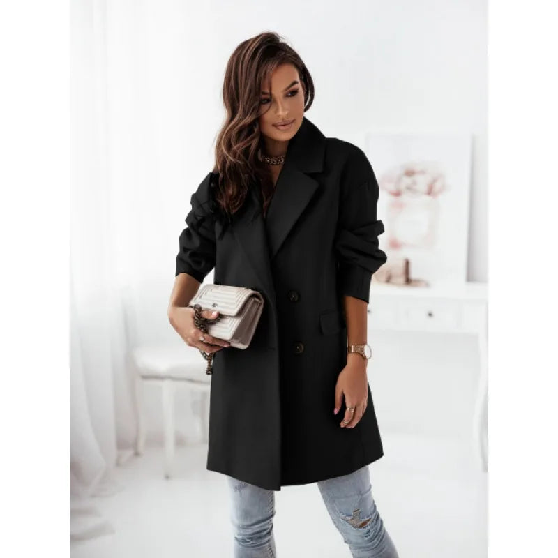 Long sleeved suit collar double breasted nickel coat, unique design, showcasing personal charm coats for women-Dollar Bargains Online Shopping Australia