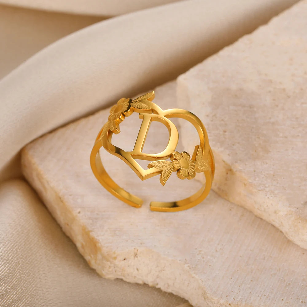 Stainless Steel Initials Flower Heart Rings Gold Color Adjustable Delicate Letter Leaf Rings For Women Girl Alphabet Jewelry-Dollar Bargains Online Shopping Australia