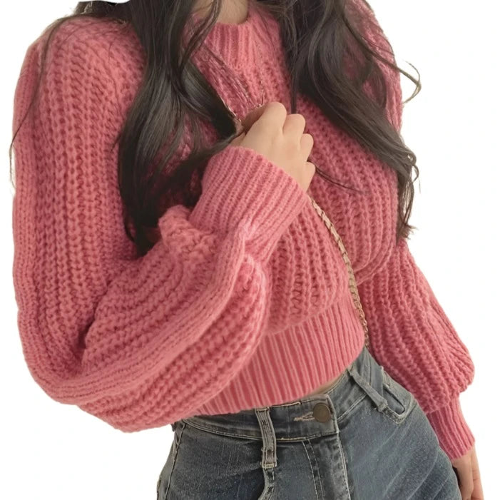 Knitted Sweater Pullovers New Design Cute Sweet Japan Girls Solid O Neck Short Crop Knit Tops 4 Colors 2023 Winter Autumn-Dollar Bargains Online Shopping Australia