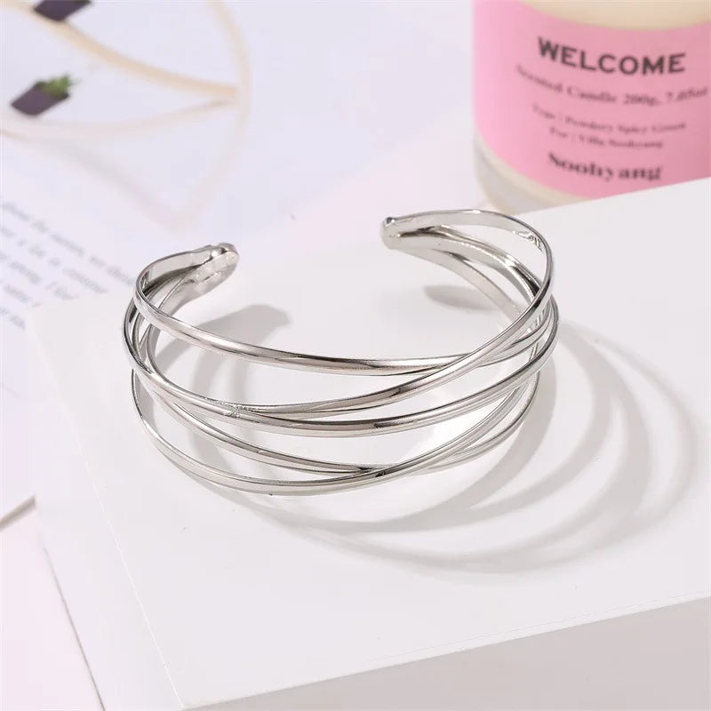 Punk Multilayer Metal Wires Strings Bracelets Bangles For Women Vintage Exaggerated Gold Color Wide Open Cuff Bangles Jewelry-Dollar Bargains Online Shopping Australia