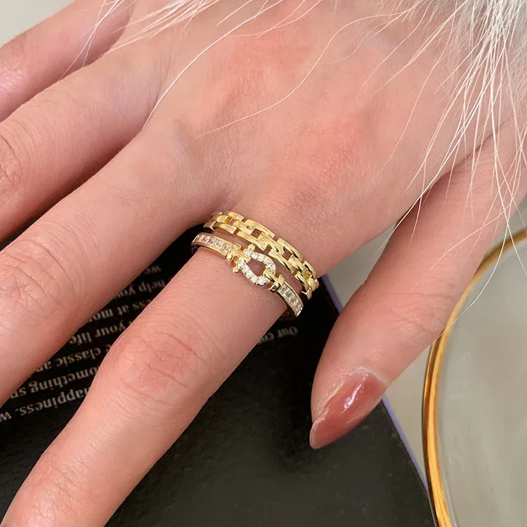14K gold plated 2023 Korean new fashion jewelry double-layer zircon cross ring elegant women's opening daily work accessories-Dollar Bargains Online Shopping Australia