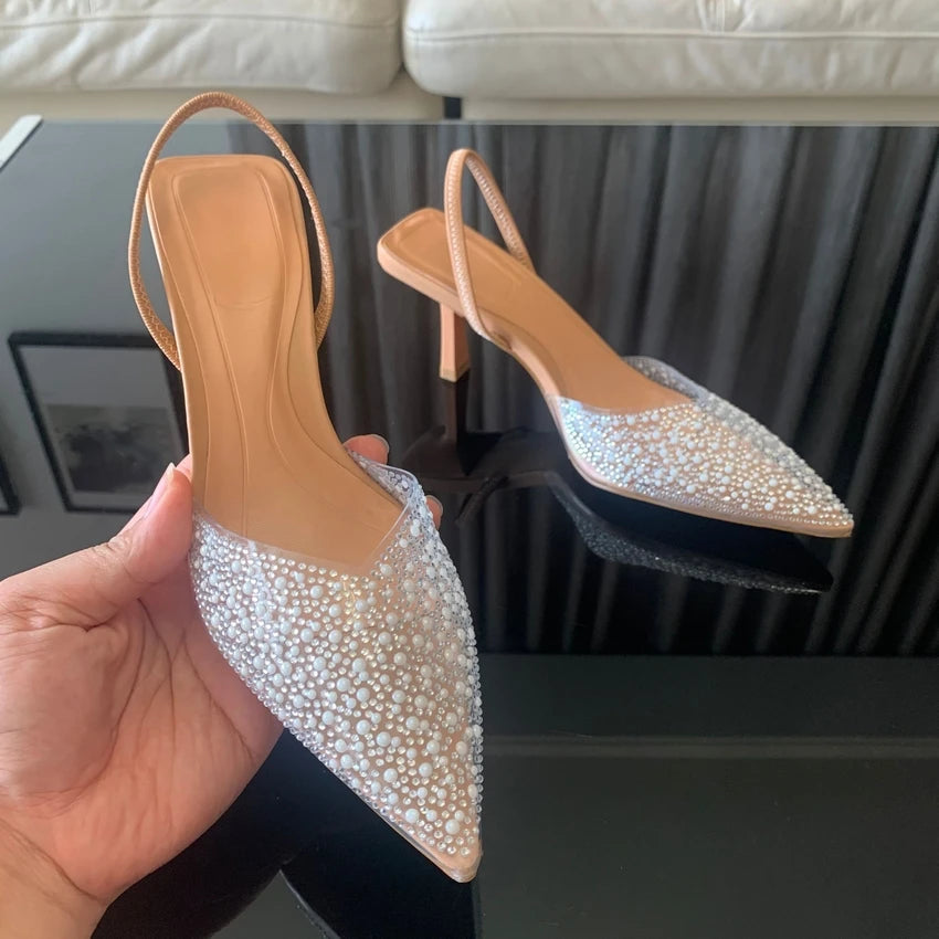 Slingback Artificial Pearl Decorated Women Pumps Wedding Shoes Sexy High heels Sandals Elegant Summer Party Bridal Shoes Woman-Dollar Bargains Online Shopping Australia