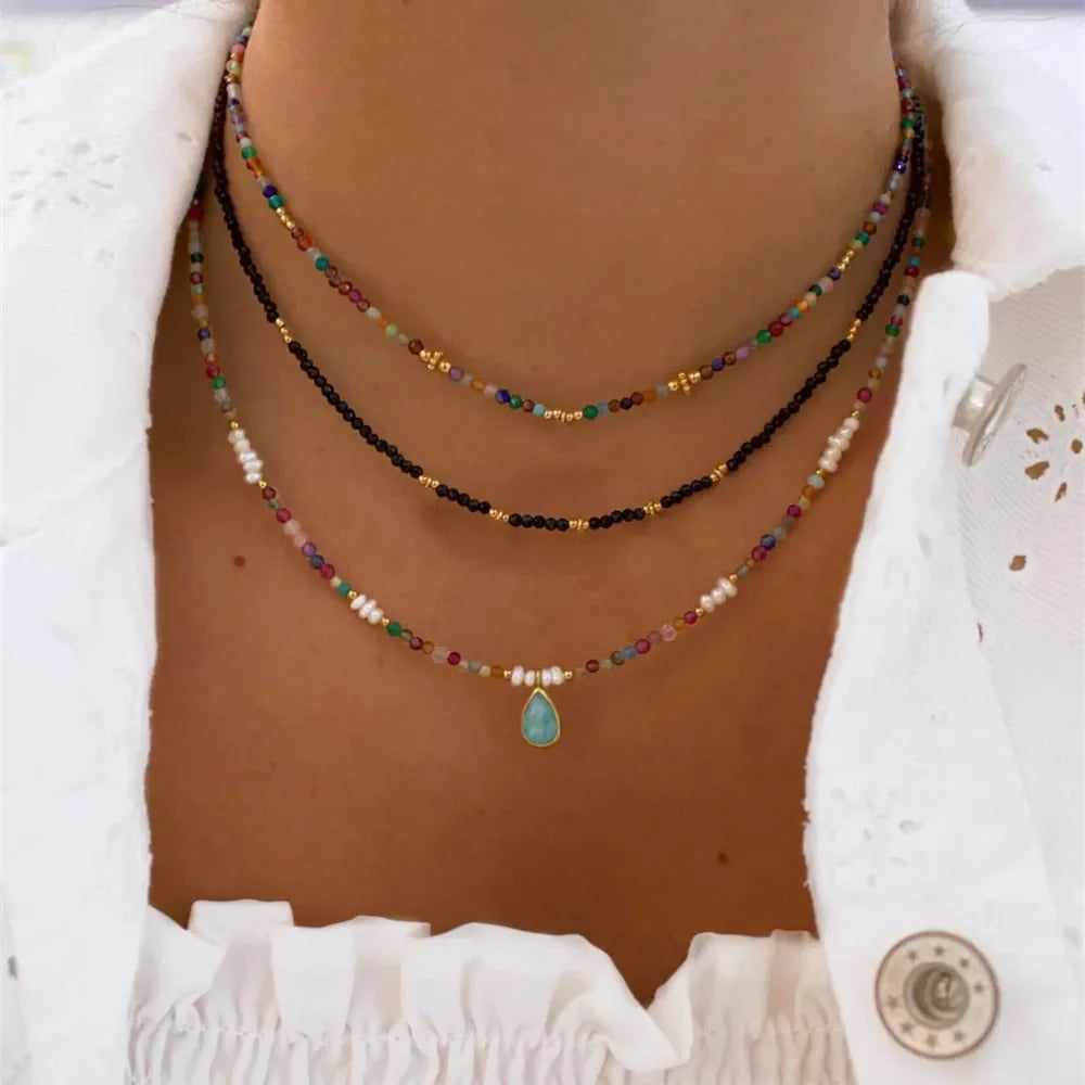 Multilayer Boho Colorful Bead Chain Necklace For Women Female Crystal Water Drop Metal Letter Pendant Jewelry Gift-Dollar Bargains Online Shopping Australia