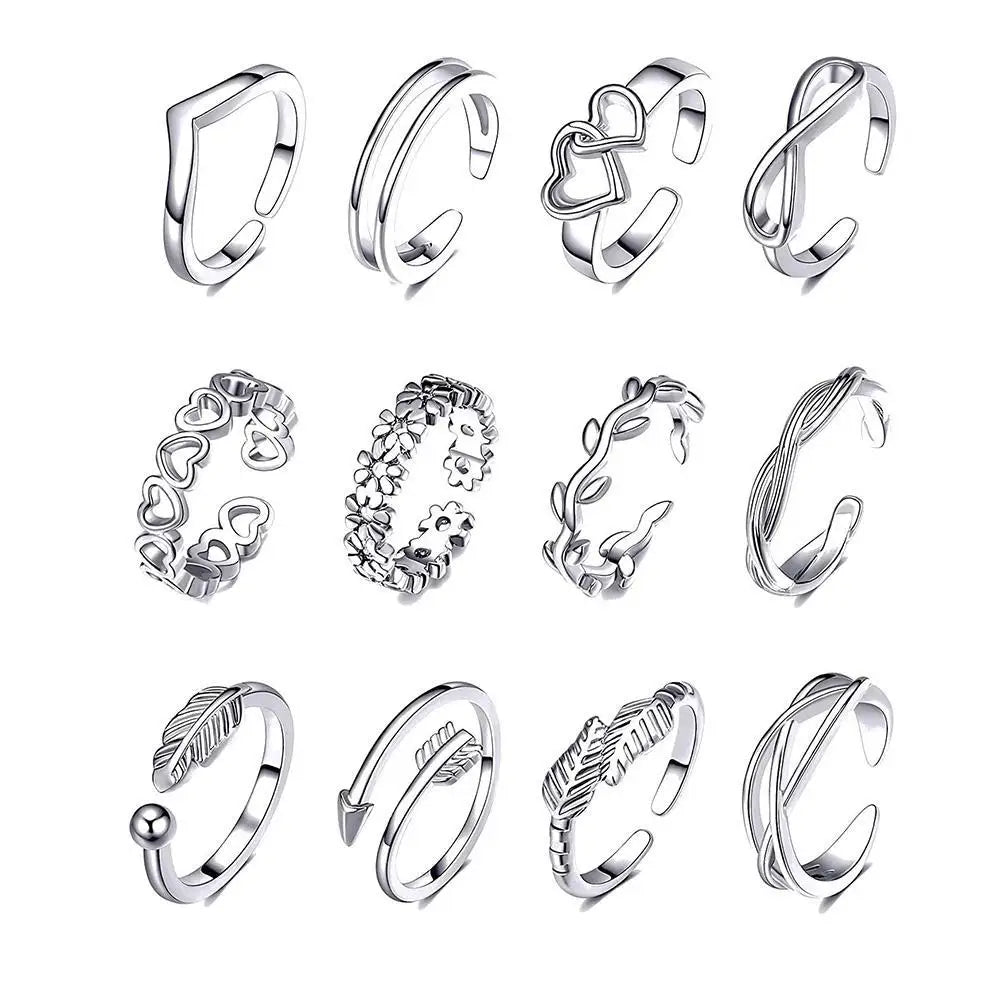 12pcs Adjustable Toe Rings For Women Girls Simple Beach Open Toe Set Cute Heart Feather Summer Toe Foot Jewelry-Dollar Bargains Online Shopping Australia