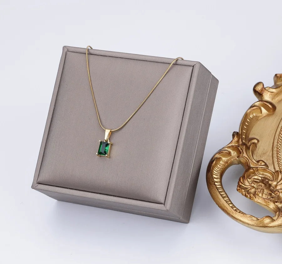 Vintage Rust Steel Zircon Necklace Flat Snake Bone Chain Blade Chain Square Emerald Pendant Necklace Women-Dollar Bargains Online Shopping Australia
