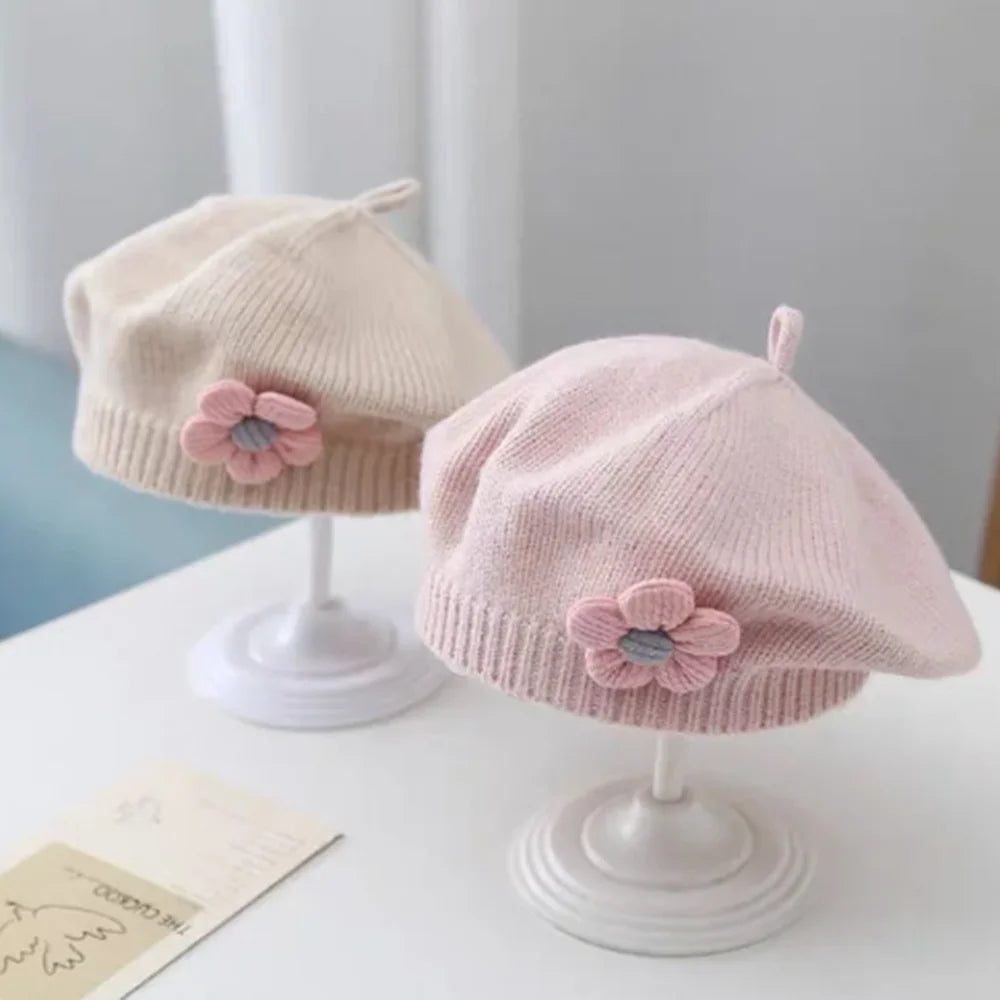 Flower Baby Beret Hat Solid Color Winter Warm Knitted Beanie Cap For Infant Girl Korean Toddler Princess Artist Painter Cap-Dollar Bargains Online Shopping Australia