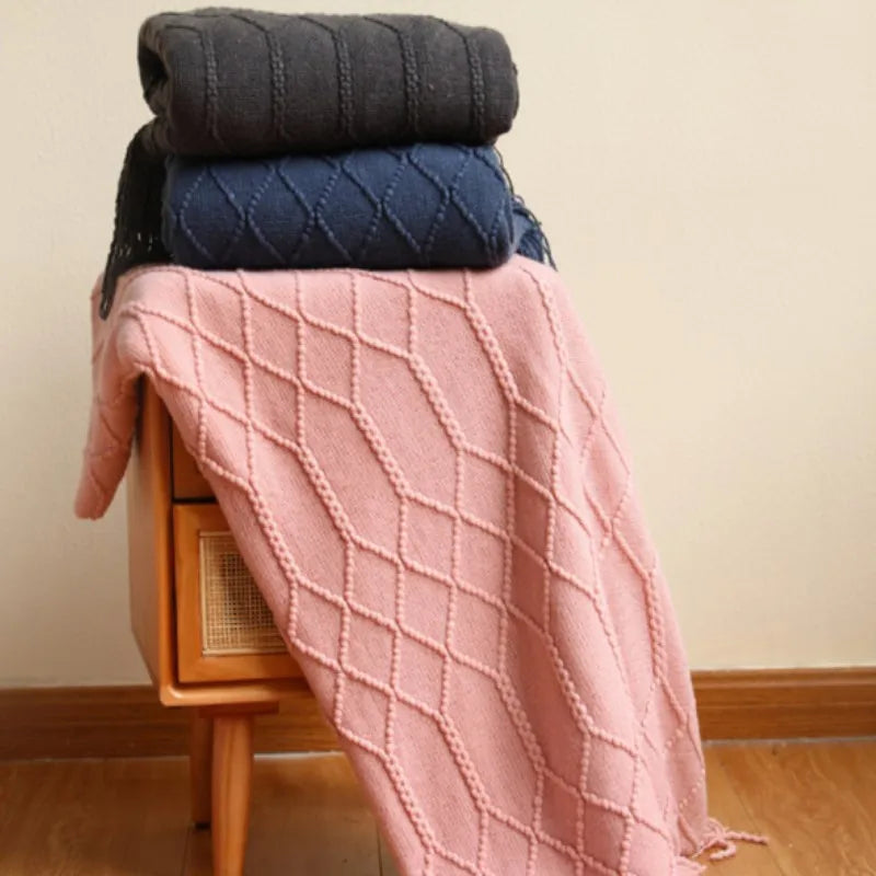 Acrylic Knit Woven Throw Blanket Lightweight Decorative Soft Nap Throw with Tassel for Chair Bed Sofa Travel Picnic Blankets